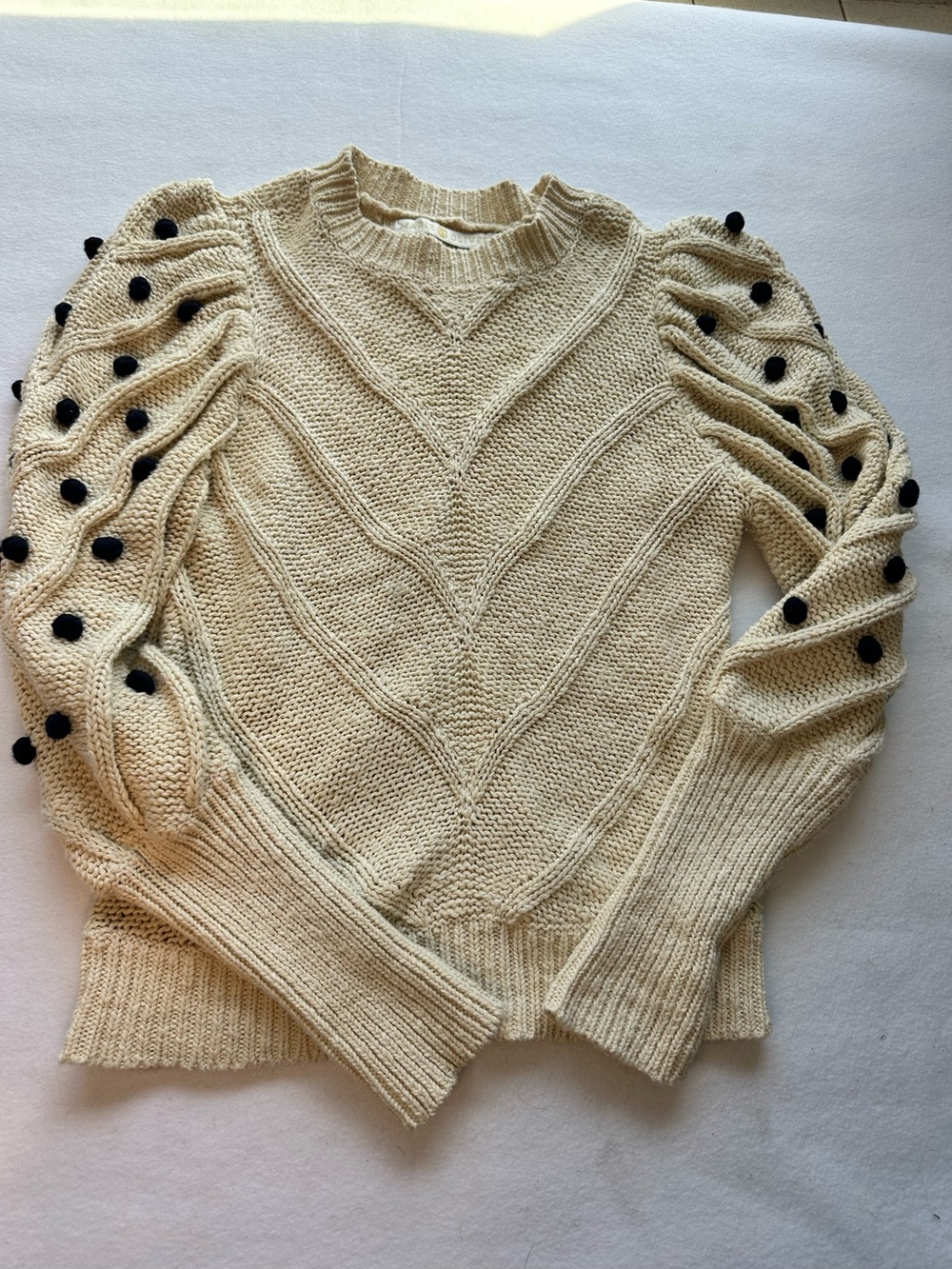 Marie Oliver Cream Chunky Cable Knit Pom Pom Puff Sleeve Sweater